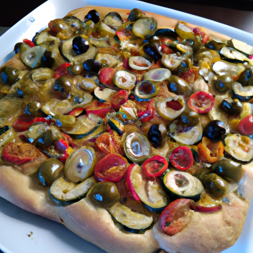 Focaccia con zucchine pomodorini e olive