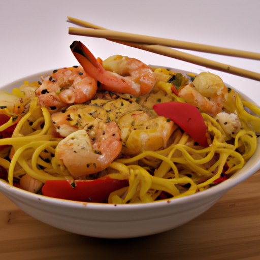 Noodles con pollo e gamberi