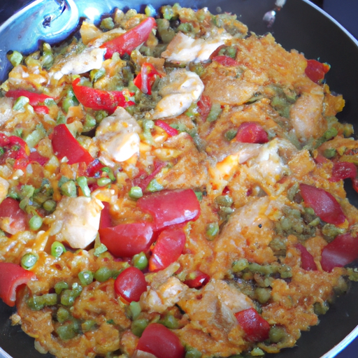 Paella di pollo, peperoni e piselli