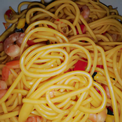 Spaghetti di soia con verdure e gamberi